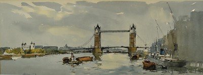 Lot 1486 - *Edward Wesson (1910-1983) watercolour and ink study- River Thames Tower Bridge scene, signed, with mount. 25cm x 67cm