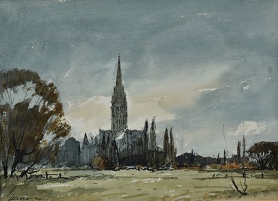 Lot 1487 - *Edward Wesson (1910-1983) watercolour and ink study- 'Salisbury Cathedral from the East', signed, 21cm x 29cm, in mount. 
Provenance: Alexander Gallery, Bristol