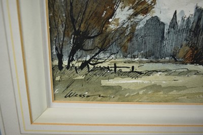 Lot 1487 - *Edward Wesson (1910-1983) watercolour and ink study- 'Salisbury Cathedral from the East', signed, 21cm x 29cm, in mount. 
Provenance: Alexander Gallery, Bristol