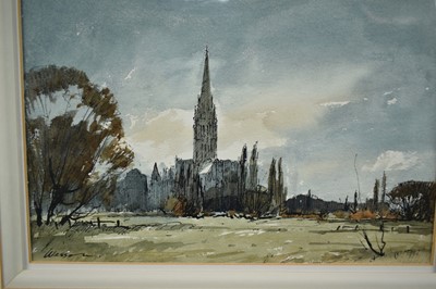 Lot 1487 - *Edward Wesson (1910-1983) watercolour and ink study- 'Salisbury Cathedral from the East', signed, 21cm x 29cm, in mount. 
Provenance: Alexander Gallery, Bristol