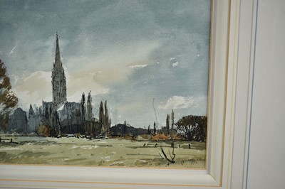 Lot 1487 - *Edward Wesson (1910-1983) watercolour and ink study- 'Salisbury Cathedral from the East', signed, 21cm x 29cm, in mount. 
Provenance: Alexander Gallery, Bristol