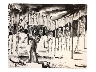 Lot 87 - *Colin Moss (1914-2005) pen and wash, skeletons hanging from gallows, signed, inscribed 'scene from an opera by Verdi', 64cm x 52cm