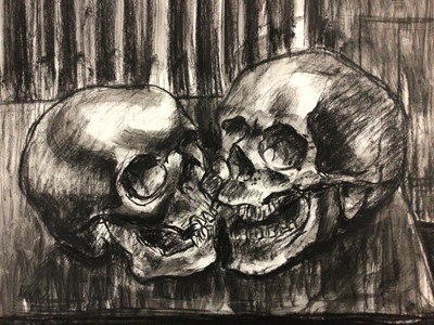 Lot 88 - *Colin Moss (1914-2005) mixed media, two skulls on a table grinning at each other, signed, 70cm x 51cm