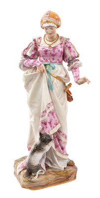 Lot 348 - Large Meissen figure of a lady and her cat, the lady modelled in Renaissance costume on naturalistic plinth base, blue crossed swords, pressnumber 63, 41cm high