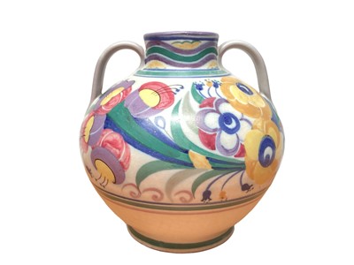 Lot 58 - Poole Carter Stabler Adams pottery twin handled vase with polychrome painted floral decoration, 17.5cm high