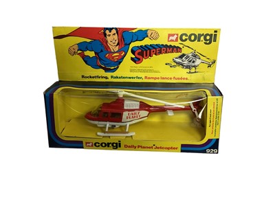 Lot 313 - Corgi Super Heroes die cast toys including Batman's Batbike No.268, Superman's Daily Plant Jetcopter No.929 & Metropolis Police car No.260, Spider-Man's Spidercopter No.928 & Captain Marvel's Porsc...