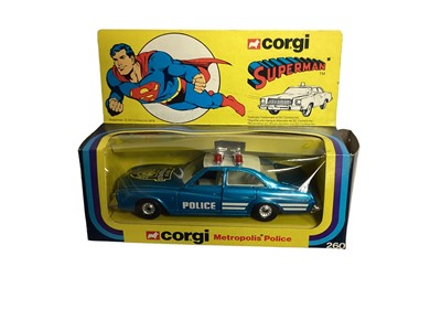 Lot 313 - Corgi Super Heroes die cast toys including Batman's Batbike No.268, Superman's Daily Plant Jetcopter No.929 & Metropolis Police car No.260, Spider-Man's Spidercopter No.928 & Captain Marvel's Porsc...