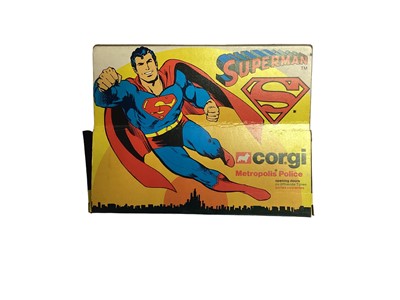 Lot 313 - Corgi Super Heroes die cast toys including Batman's Batbike No.268, Superman's Daily Plant Jetcopter No.929 & Metropolis Police car No.260, Spider-Man's Spidercopter No.928 & Captain Marvel's Porsc...