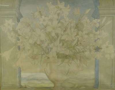 Lot 1526 - English School, 1930s, pencil and watercolour - Still Life White Lillies, label verso suggesting the work to be by Anne Hornby, 60cm x 76cm, in glazed painted frame