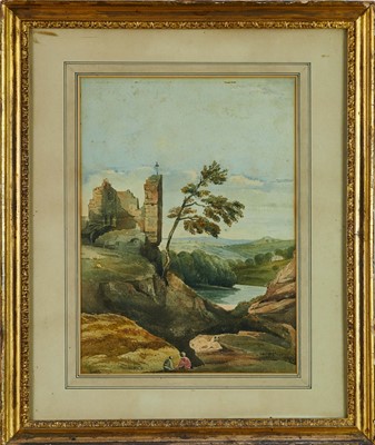 Lot 124 - John Varley (1778-1842) watercolour - Ruins in Arcadian Landscape, signed, 34cm x 25cm, in glazed gilt frame