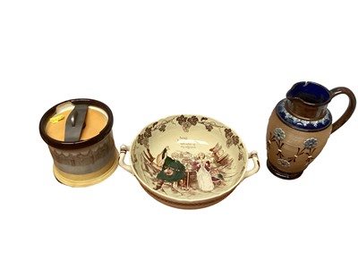 Lot 1171 - Collection of china including two Wedgwood Shakespeare tankards, Doulton stoneware jug, Adams plates, Doulton tobacco jar etc - 1 box