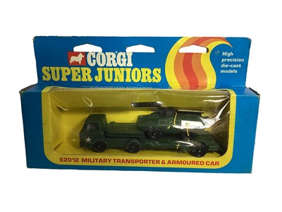 Lot 324 - Corgi Juniors diecast Military vehicles US Army Tanker No.E2011 & Transporter and Armoured Car No.E2012, plus Corgitronics Road Repair Unit No.1007, all boxed (3)