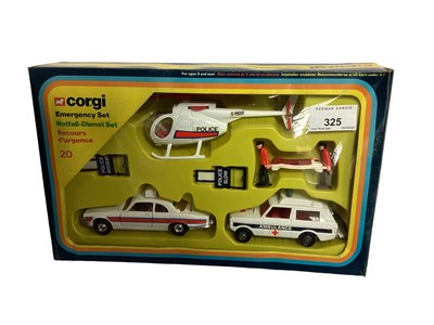 Lot 325 - Corgi diecast Emergency Set 20, Police  Porche 924 No.430, Rover 3500 Police No.339, Police Rover 3.5 No.339 & Ford Escort No.297, all boxed (5)