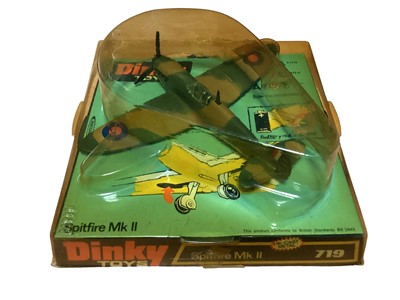 Lot 330 - Dinky diecast WWII Military Aircraft including Spitfire MkII No.719, Hawker Hurricane MkIIc No.718, Messerschmitt Bf 109E No.726 & later S.E.P.E.C.A.T. Jaguar No.731, all on base with bubble pack (...