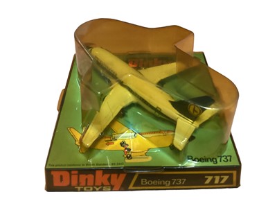 Lot 331 - Dinky diecast Aircraft including Boeing 737 No.717, RAF Dominie No.728, Beechcraft S35 Bonanza No.710 _& SRN 6 Hovercraft No.290, all on bases with bubble pack (4)