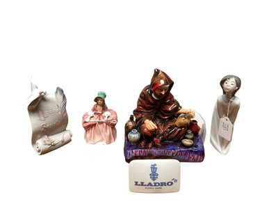 Lot 1183 - Two Royal Doulton figures - The Potter HN1493 and Bo Peep, together with a Lladro figure and two Lladro plaques