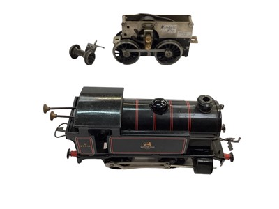 Lot 1869 - Railway Hornby O gauge 0-4-0 locomotive black and red livery boxed tenders (x2). No 50 Gas Cylinder Wagon 42156 also boxed. Plus some unboxed rolling stock and accessories, controller and various t...