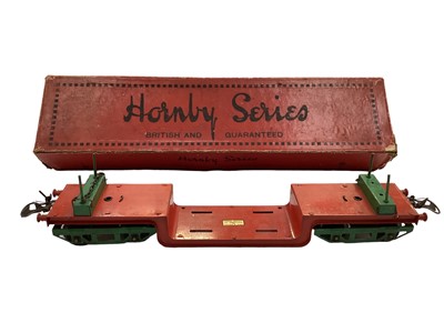 Lot 1865 - Railway Hornby O gauge No 2 goods van, No 2 Lumber Wagon, No 2 High capacity Wagon, Trolley Wagon, curved track, buffers all boxed plus a selection of unboxed rolling stock, wagons and buffers (Qty...