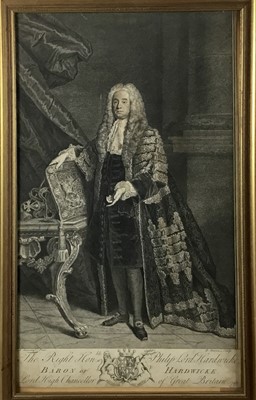 Lot 312 - The Right Honble. Philip Lord Hardwicke, Baron Hardwicke, Lord High Chancellor of Great Britain, full length portrait engraving by Bernard Baron after Allan Ramsay, framed and glazed