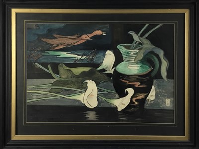 Lot 319 - Interesting early 20th century Symbolist mixed media painting, still life of lilies and a vase, with ducks flying in the background, signed with monogram 'MSD', the back inscribed 'Symbolist painti...