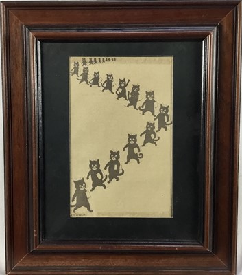 Lot 223 - After Louis Wain (1860-1939), framed print of a procession of cats, inscriptions to back