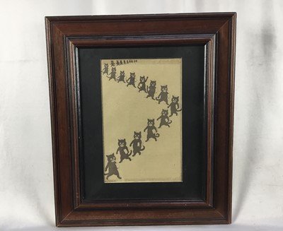 Lot 223 - After Louis Wain (1860-1939), framed print of a procession of cats, inscriptions to back