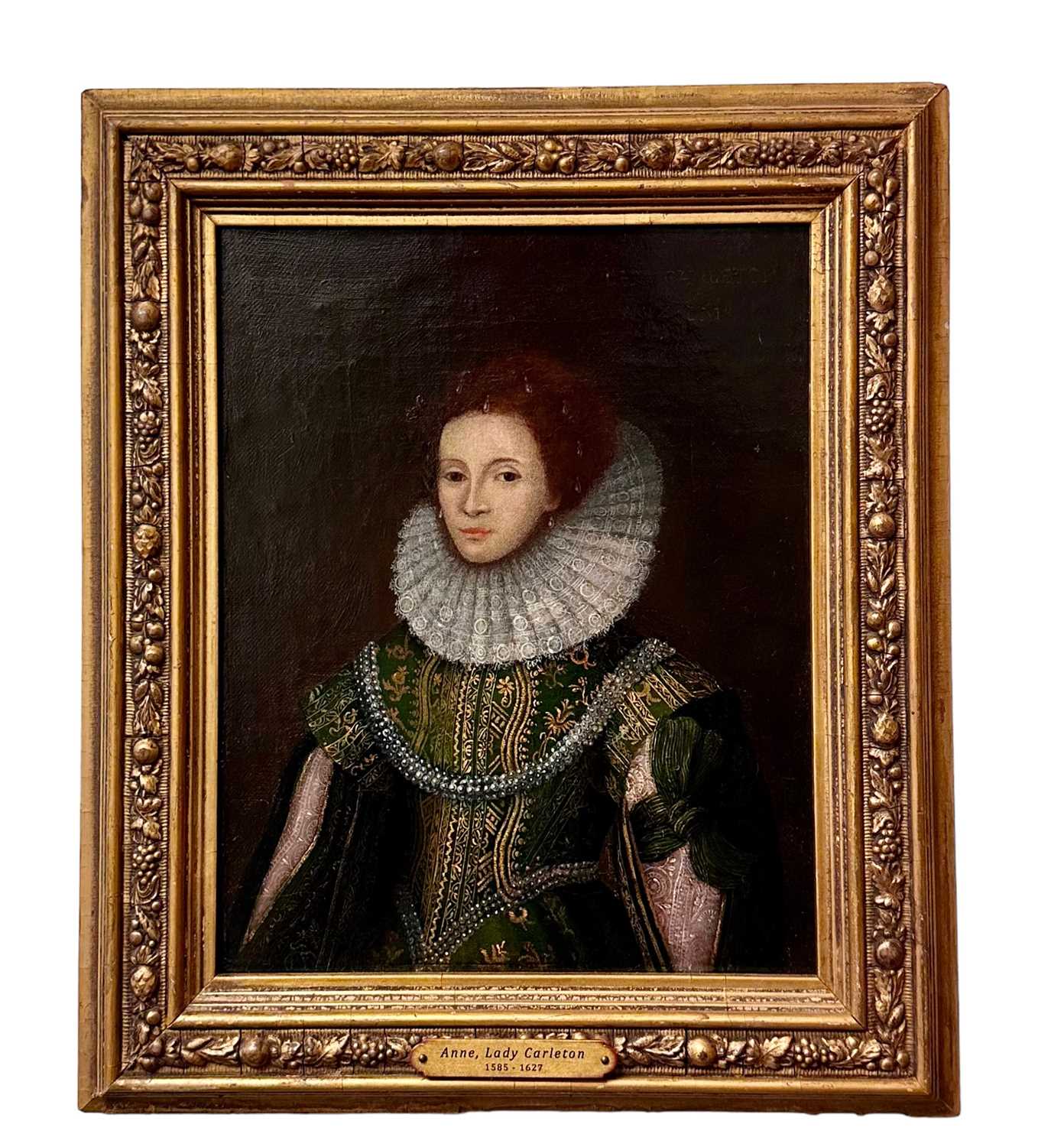 Lot 1547 - English School, 17th century, oil on canvas - Portrait of Anne Gerrard, Lady Carleton, half length, in a gold thread embroidered green dress inscribed and dated 1626