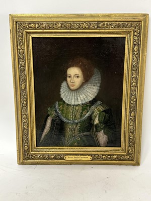 Lot 1547 - English School, 17th century, oil on canvas - Portrait of Anne Gerrard, Lady Carleton, half length, in a gold thread embroidered green dress inscribed and dated 1626