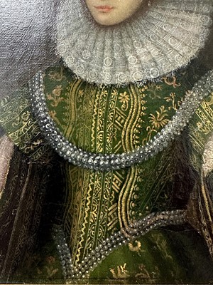 Lot 1547 - English School, 17th century, oil on canvas - Portrait of Anne Gerrard, Lady Carleton, half length, in a gold thread embroidered green dress inscribed and dated 1626