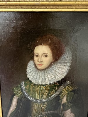 Lot 1547 - English School, 17th century, oil on canvas - Portrait of Anne Gerrard, Lady Carleton, half length, in a gold thread embroidered green dress inscribed and dated 1626