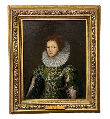 Lot 1547 - English School, 17th century, oil on canvas - Portrait of Anne Gerrard, Lady Carleton, half length, in a gold thread embroidered green dress inscribed and dated 1626