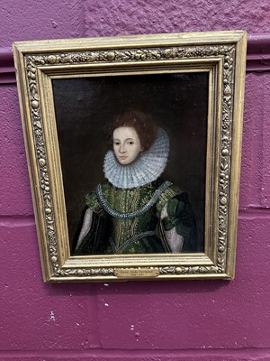 Lot 1547 - English School, 17th century, oil on canvas - Portrait of Anne Gerrard, Lady Carleton, half length, in a gold thread embroidered green dress inscribed and dated 1626