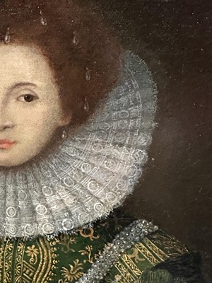 Lot 1547 - English School, 17th century, oil on canvas - Portrait of Anne Gerrard, Lady Carleton, half length, in a gold thread embroidered green dress inscribed and dated 1626