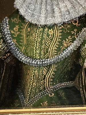 Lot 1547 - English School, 17th century, oil on canvas - Portrait of Anne Gerrard, Lady Carleton, half length, in a gold thread embroidered green dress inscribed and dated 1626