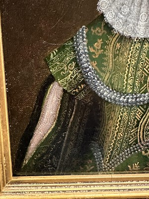 Lot 1547 - English School, 17th century, oil on canvas - Portrait of Anne Gerrard, Lady Carleton, half length, in a gold thread embroidered green dress inscribed and dated 1626