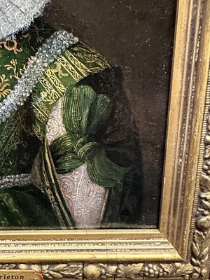 Lot 1547 - English School, 17th century, oil on canvas - Portrait of Anne Gerrard, Lady Carleton, half length, in a gold thread embroidered green dress inscribed and dated 1626