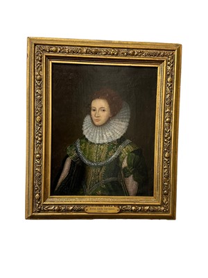 Lot 1547 - English School, 17th century, oil on canvas - Portrait of Anne Gerrard, Lady Carleton, half length, in a gold thread embroidered green dress inscribed and dated 1626