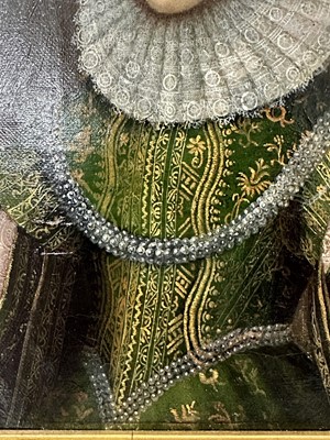 Lot 1547 - English School, 17th century, oil on canvas - Portrait of Anne Gerrard, Lady Carleton, half length, in a gold thread embroidered green dress inscribed and dated 1626