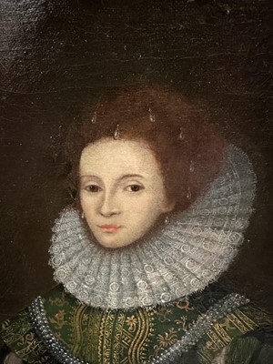 Lot 1547 - English School, 17th century, oil on canvas - Portrait of Anne Gerrard, Lady Carleton, half length, in a gold thread embroidered green dress inscribed and dated 1626