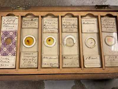 Lot 2658 - Antique brass student's microscope, stereoscopic viewer and slides, group of antique microscope slides, etc