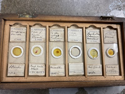 Lot 2658 - Antique brass student's microscope, stereoscopic viewer and slides, group of antique microscope slides, etc