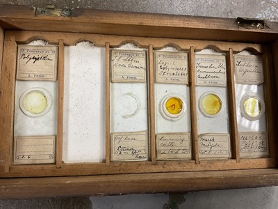 Lot 2658 - Antique brass student's microscope, stereoscopic viewer and slides, group of antique microscope slides, etc