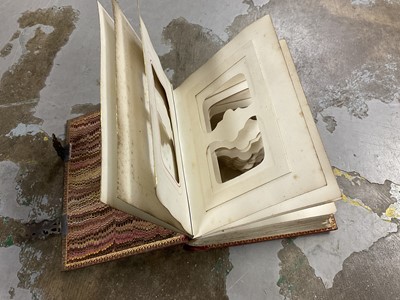 Lot 2658 - Antique brass student's microscope, stereoscopic viewer and slides, group of antique microscope slides, etc