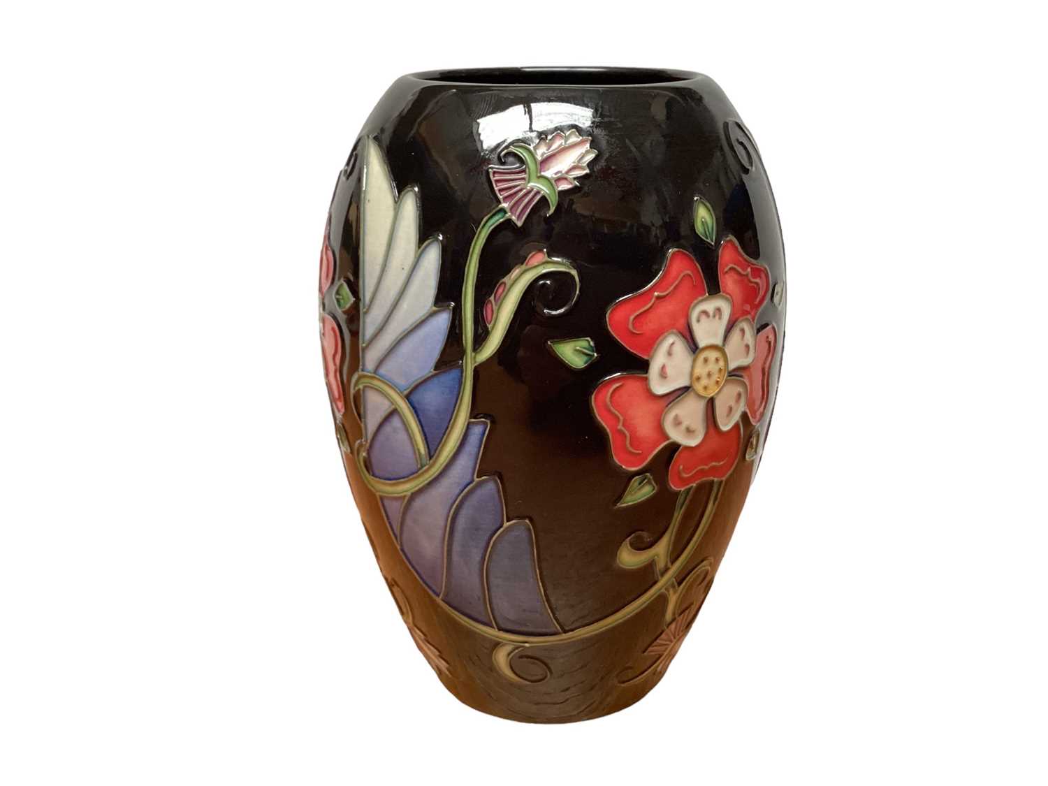 Lot 1195 - Moorcroft pottery M.C.C vase with floral decoration on black ground, numbered 3/3, dated 2010, 14cm high