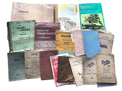 Lot 976 - Collection of owners handbooks and car manuals including Land Rover 1954-58 Series 1, The Austin Seven, Jaguar and Triumph Sports Cars etc