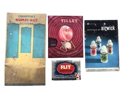 Lot 2649 - Four vintage signs including Tilley heater, aerosols by Airwick, Kumfi-Kut scissors and Flit kills flies