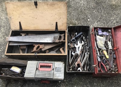 Lot 989 - Quantity of mixed hand tools to include spanners, wood saws, plane etc