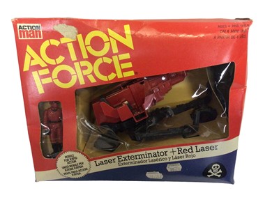 Lot 351 - Palitoy Action Man Action Force Laser Exterminator & Red Laser action figure, boxed window damaged, plus Roboskull & Red Wolf, boxed (2)