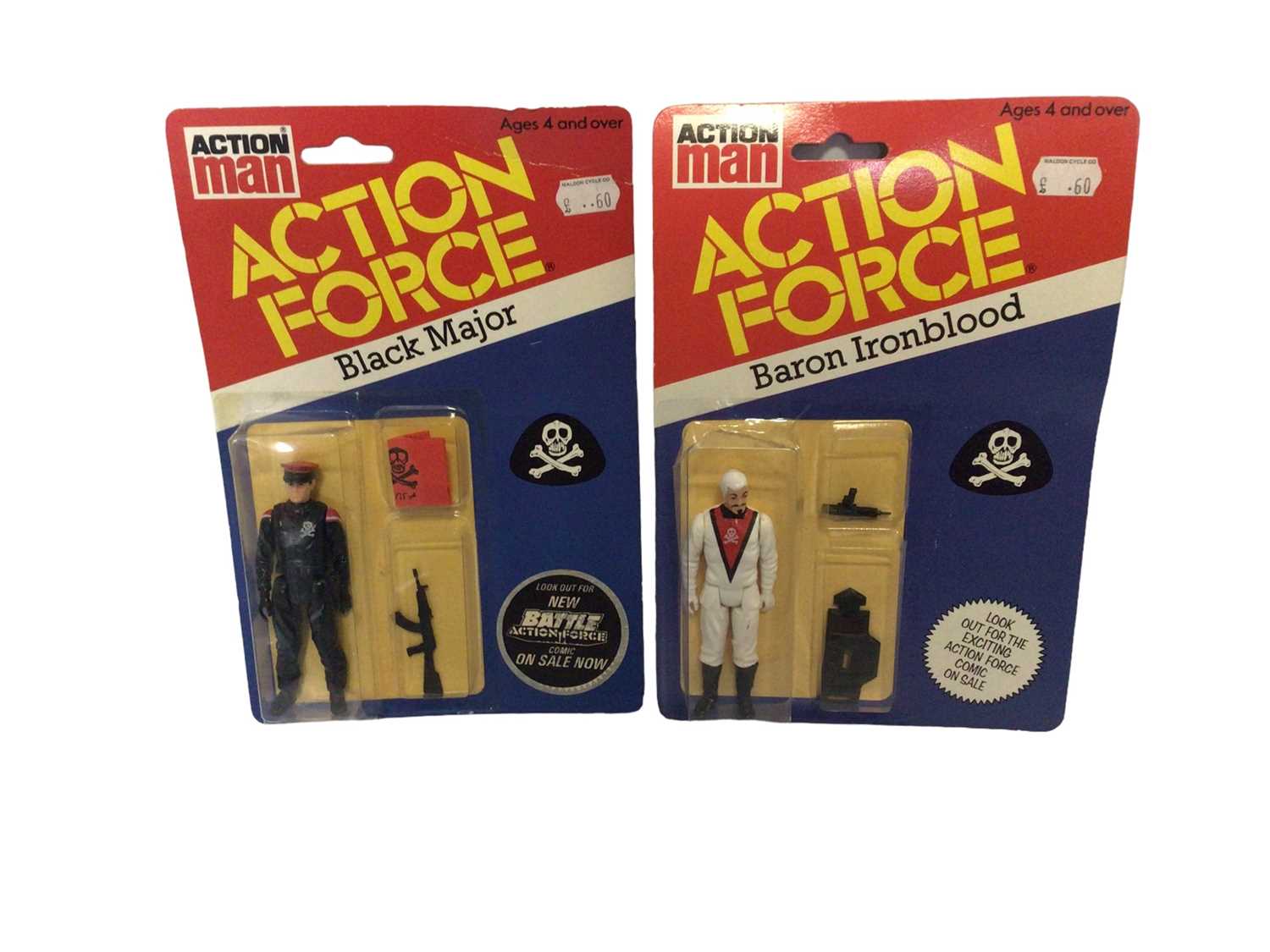 Lot 353 - Palitoy Action Man Action Force 3 3/4" action figures Baron Ironblood, Cobra, Black Major & S.A.S (blister pack lifted), all on card with blister packs (4)