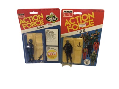 Lot 353 - Palitoy Action Man Action Force 3 3/4" action figures Baron Ironblood, Cobra, Black Major & S.A.S (blister pack lifted), all on card with blister packs (4)